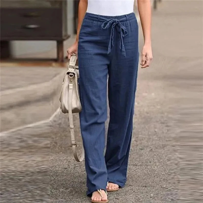 Women's Wide Leg Linen Pants - Casual Elastic Waist Trousers