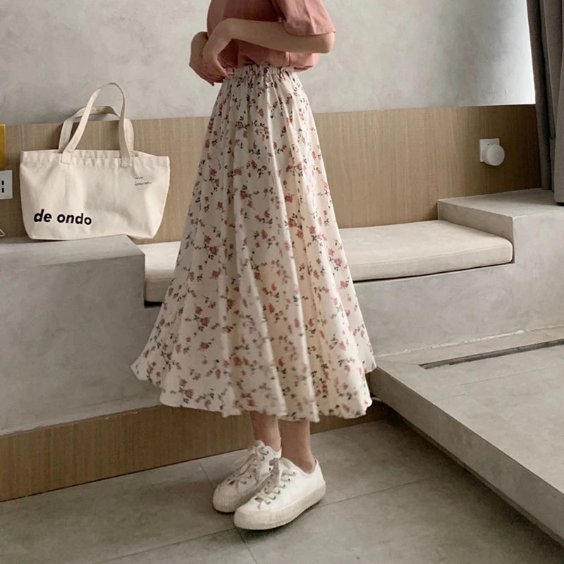 Women's Vintage Floral A-Line Midi Skirt with Elastic Waist