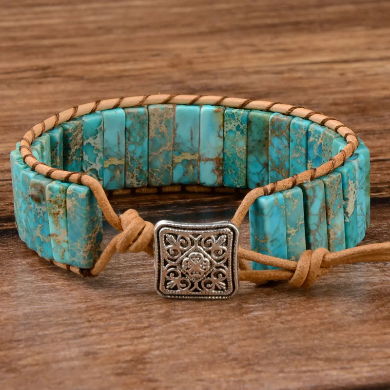 Multicolor Natural Stone Leather Wrap Bracelet - Adjustable Tibetan Style