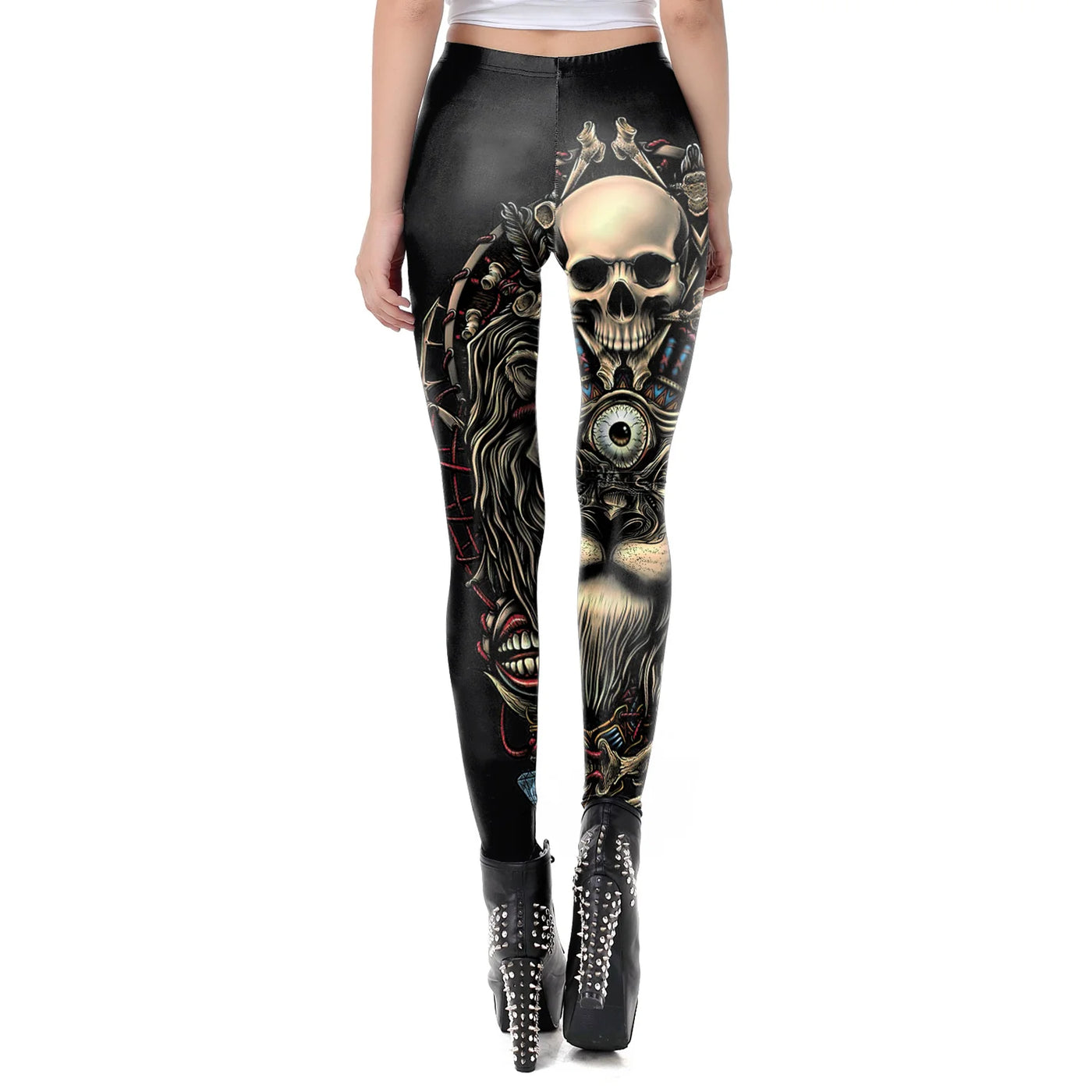 Gothic Skull Print High-Waist Leggings - Women's Workout & Casual Wear
