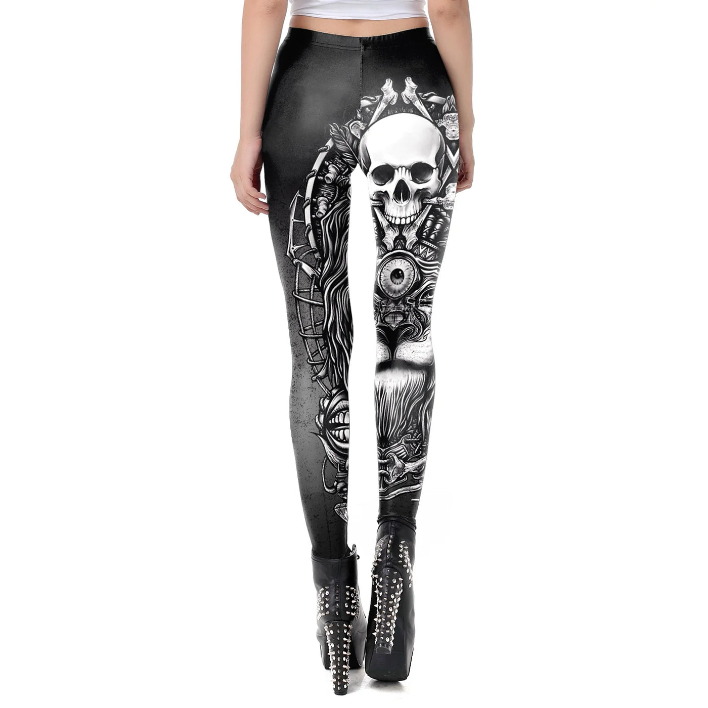 Gothic Skull Print High-Waist Leggings - Women's Workout & Casual Wear