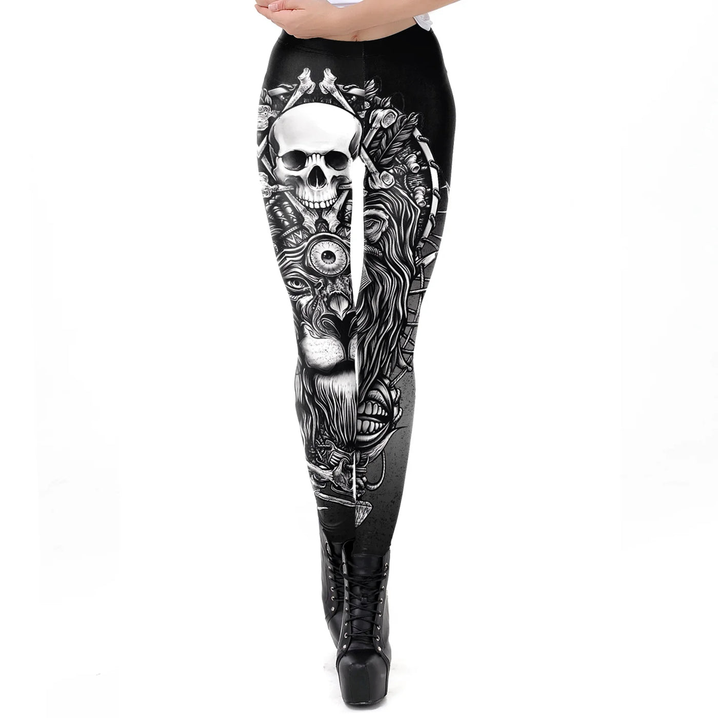 Gothic Skull Print High-Waist Leggings - Women's Workout & Casual Wear