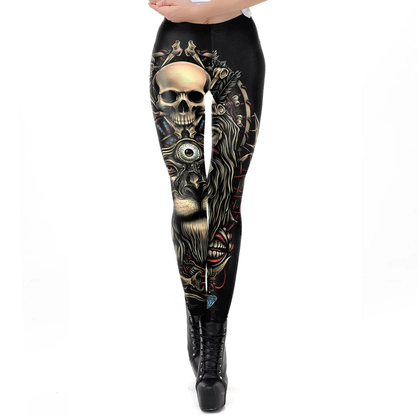 Gothic Skull Print High-Waist Leggings - Women's Workout & Casual Wear