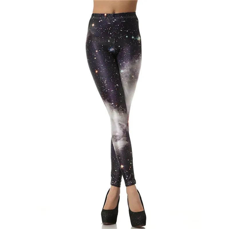 Blue Galaxy Printed Leggings - Women's Mid-Calf Athletic Pants