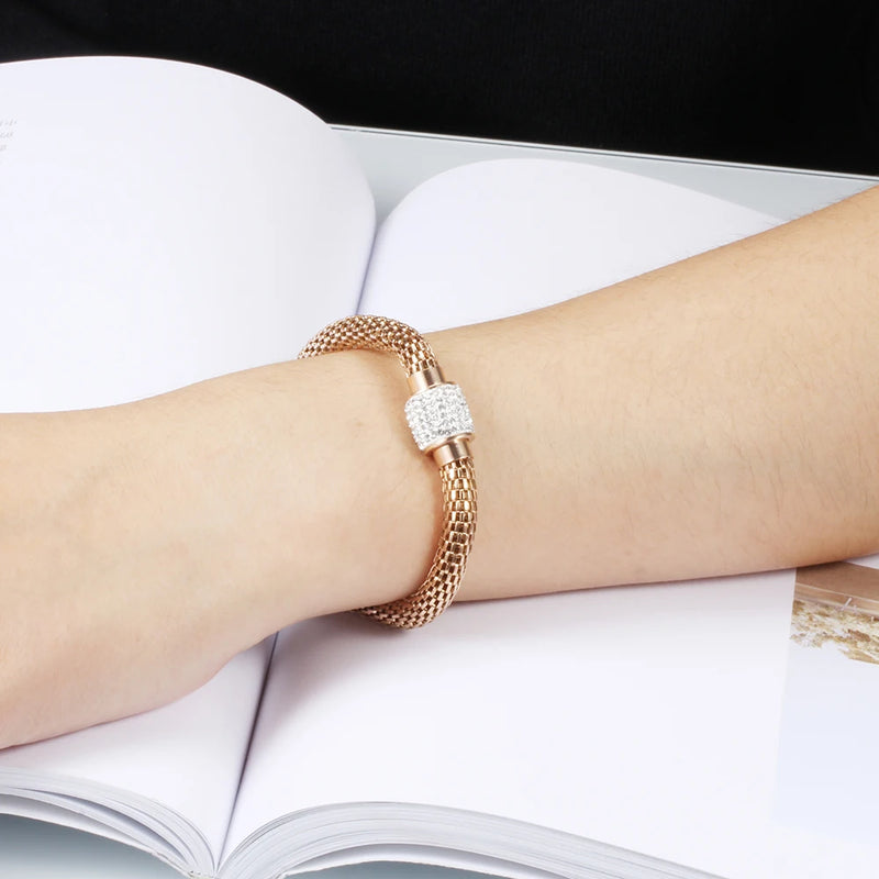 Rhinestone Charm Bracelet - Stainless Steel Crystal Bangle for Women