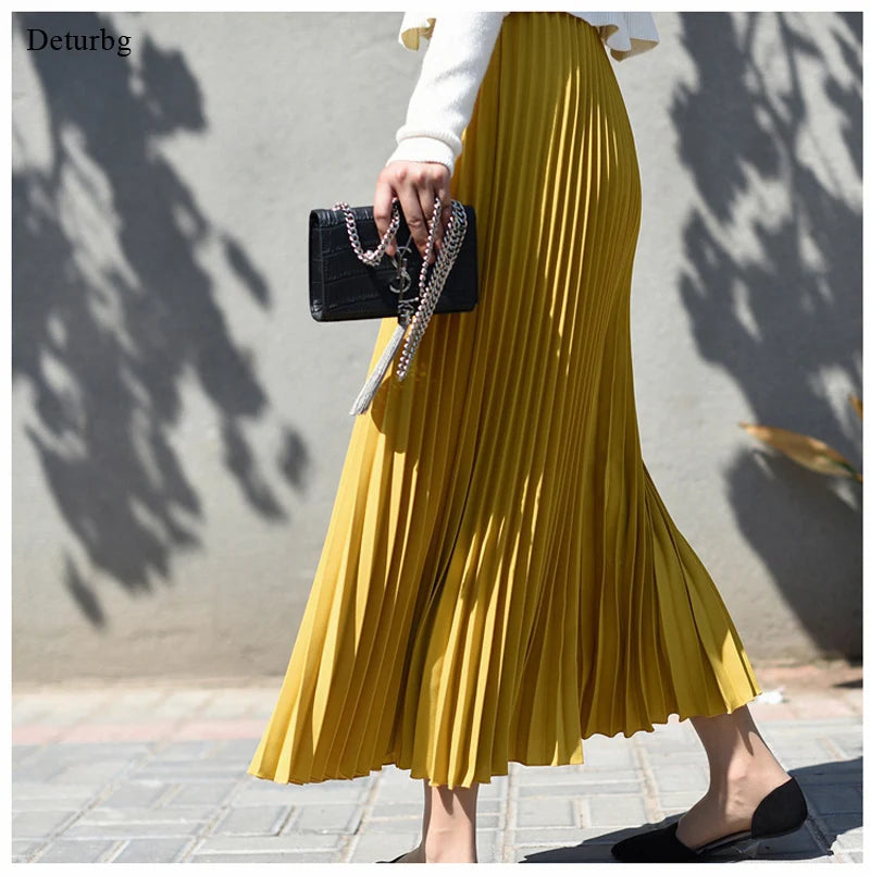 Women's Pleated Chiffon Midi Skirt - High Waist Korean Fashion