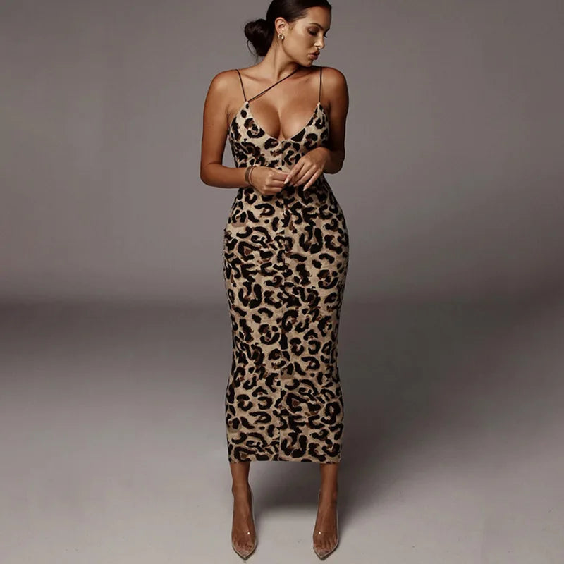 Women's Leopard Print V-Neck Midi Dress - Sleeveless Bodycon