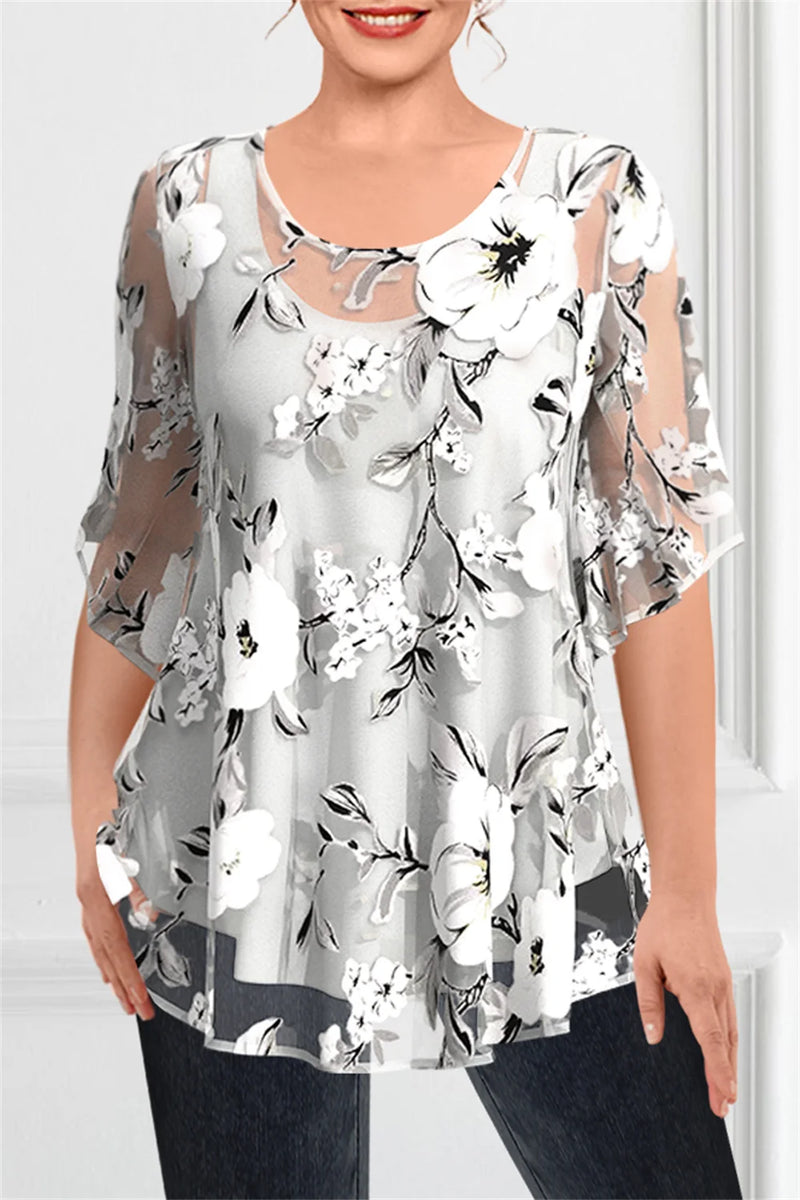 Plus Size Floral Chiffon Two-Piece Blouse Set