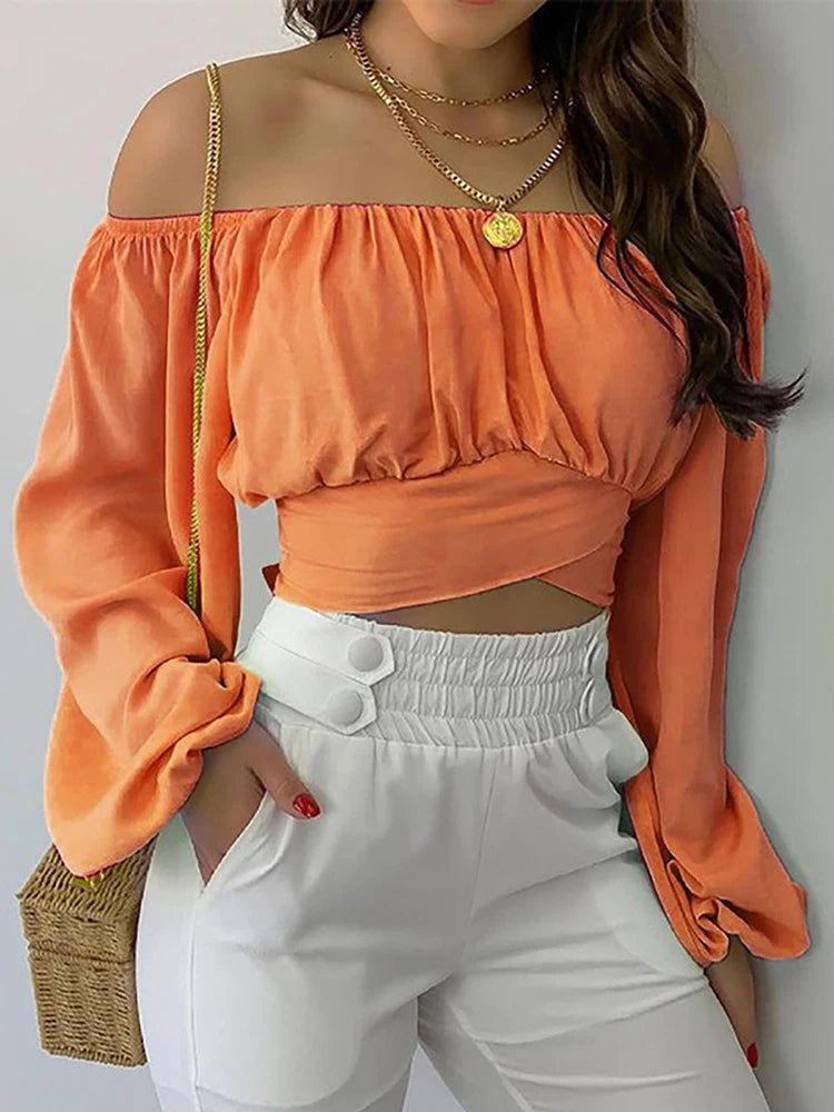 Off-Shoulder Chiffon Blouse with Bow Detail - Women's Lantern Sleeve Top