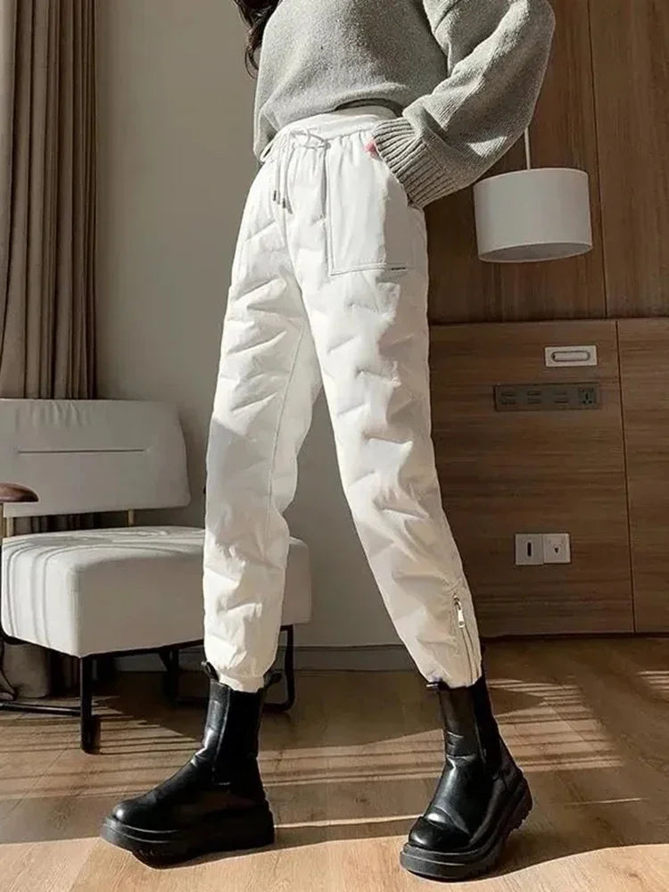 Women's High-Waist Winter Pants - Warm Fleece-Lined Straight Leg Trousers