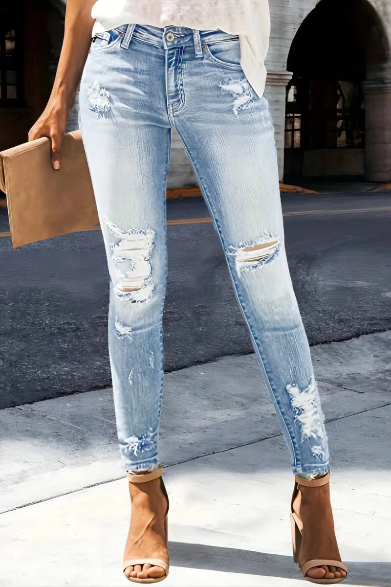 Women's High Stretch Distressed Straight Leg Jeans - Vintage Streetwear Style