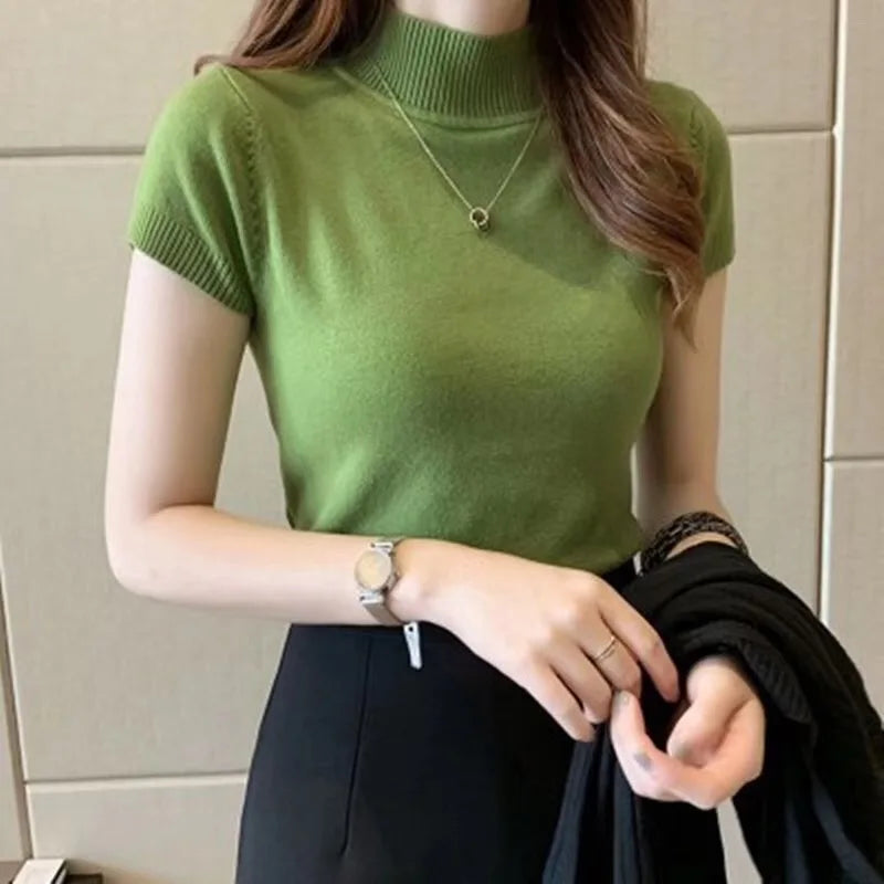 Women's Turtleneck Short Sleeve T-Shirt - Slim Fit Cotton Blend Top