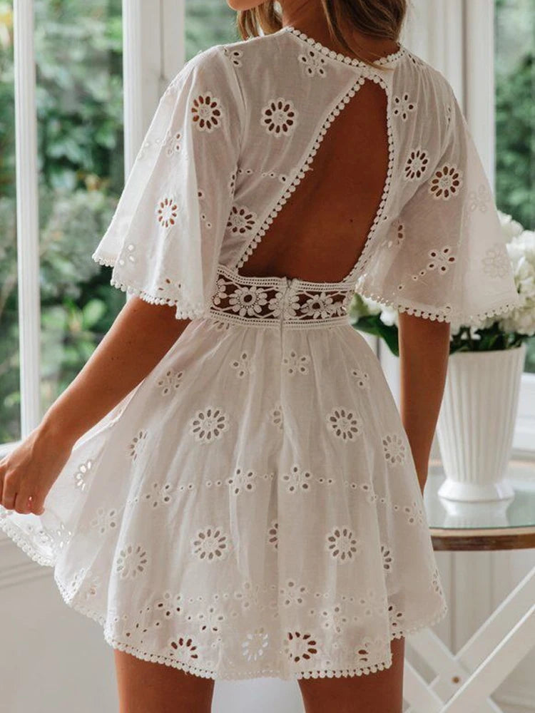 Women's Floral Embroidery White Summer Dress