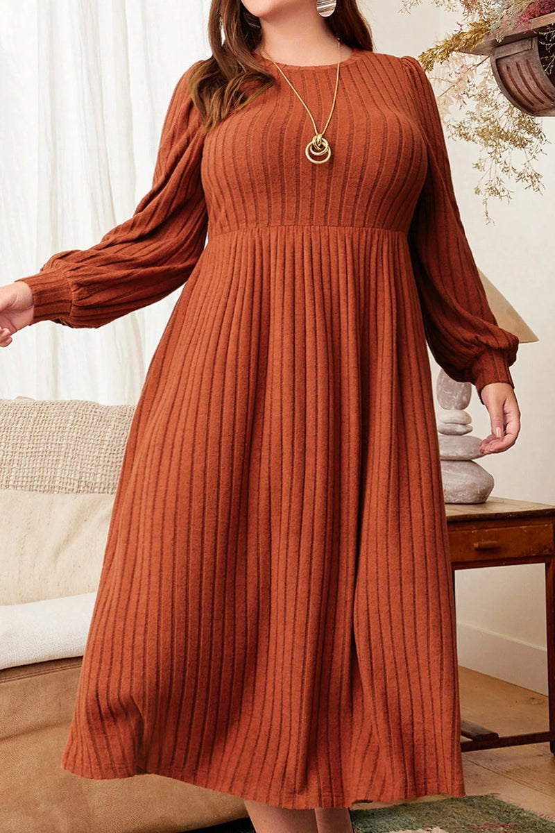 Plus Size Women's Long Sleeve Maxi Dress - Solid Color O-Neck