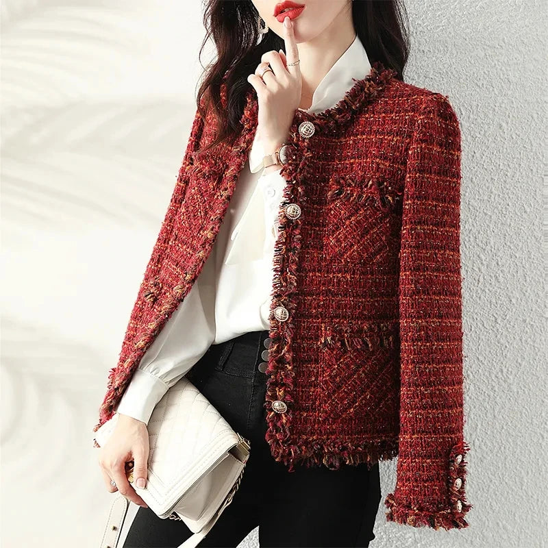 Women's Plaid Tweed Jacket - Short Slim Fit Coat