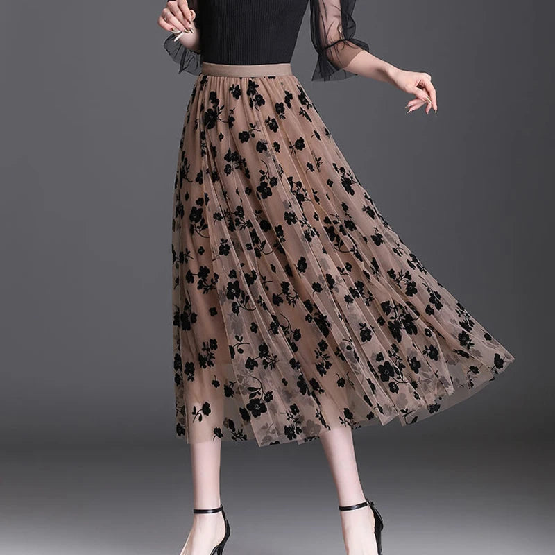 Women's Floral Tulle Midi Skirt - Elegant A-Line Mesh Design