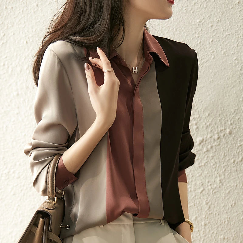 Women's Elegant Satin Button-Down Blouse - Long Sleeve Polo Collar Shirt