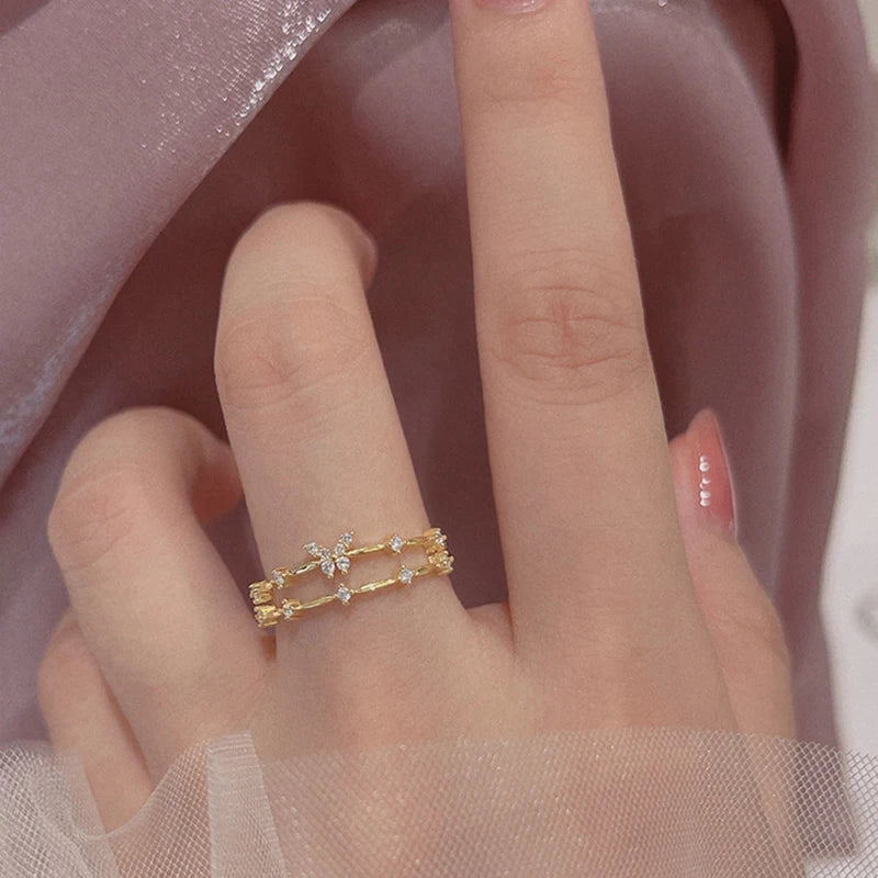 Silver Butterfly Zircon Ring - Adjustable Double Layer Design