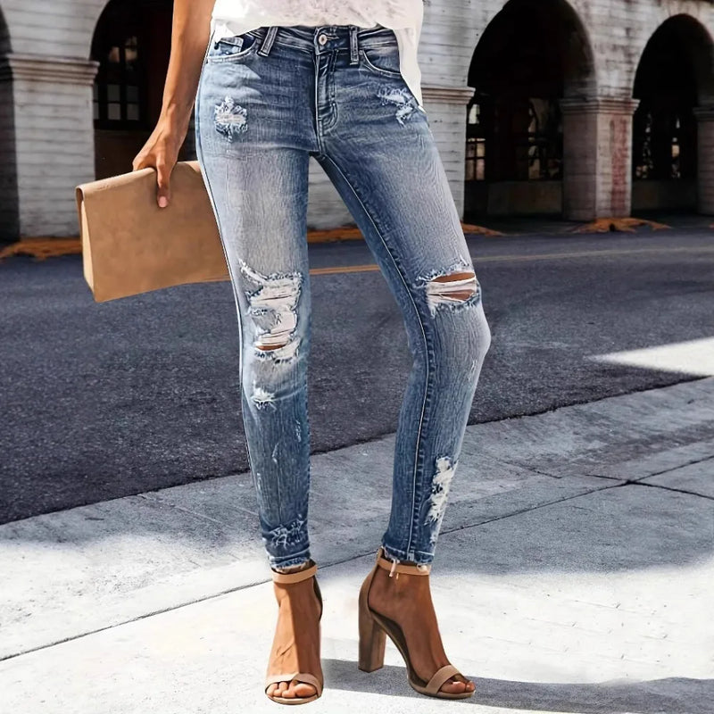 Women's High Stretch Distressed Straight Leg Jeans - Vintage Streetwear Style