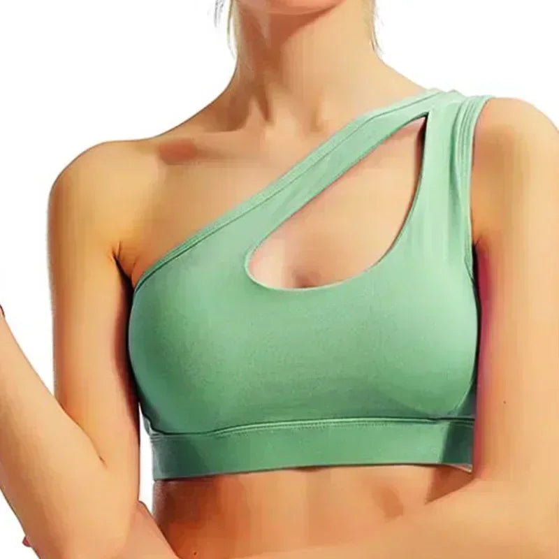 One Shoulder Sports Bra - Wireless Push-Up Athletic Top