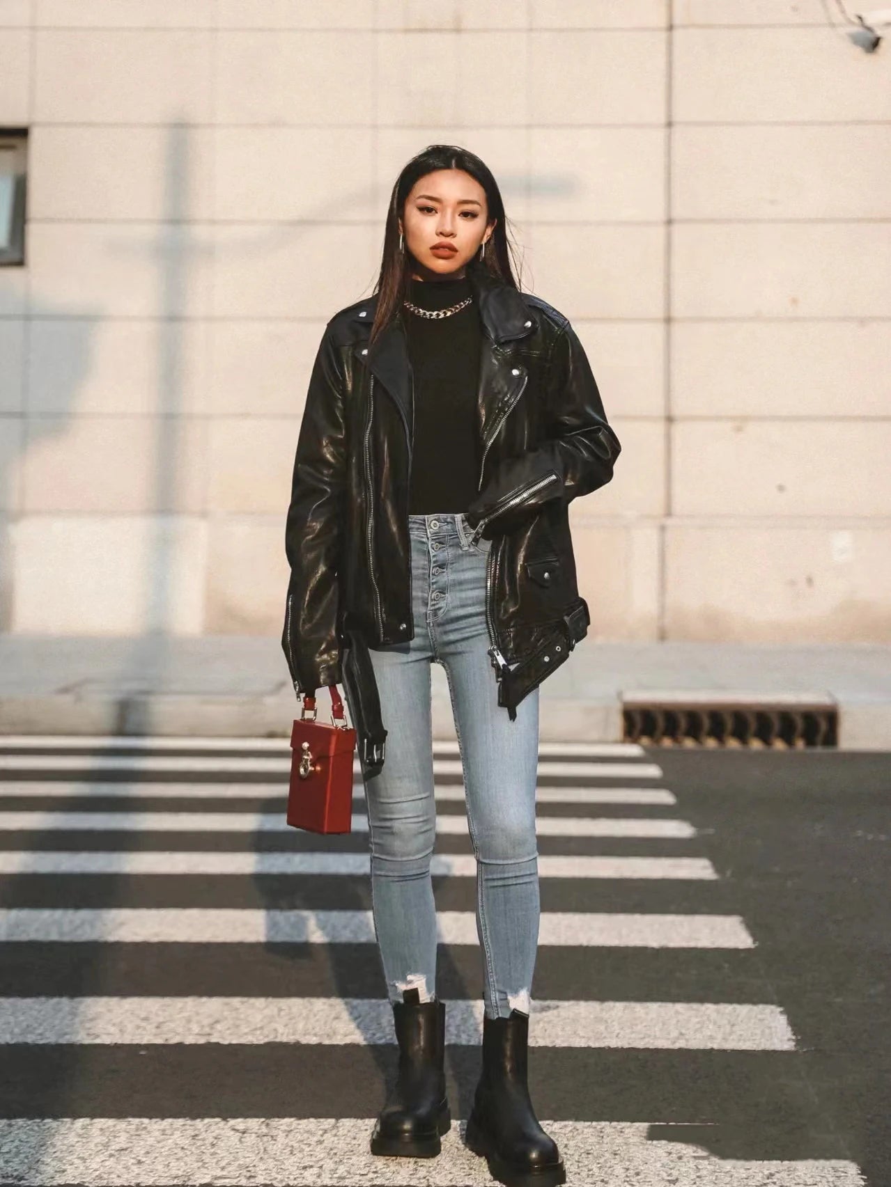 Women's Faux Leather Motorcycle Jacket - Loose Fit Black Biker Jacket