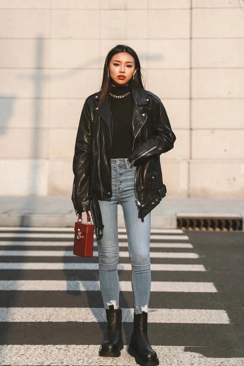 Women's Faux Leather Motorcycle Jacket - Loose Fit Black Biker Jacket