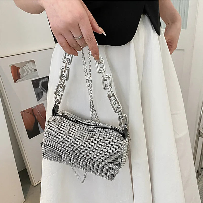 Rhinestone Embellished Bucket Bag with Chain Strap