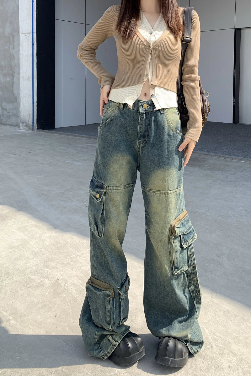Women's High-Waisted Cargo Jeans - Streetwear Wide Leg Denim Pants