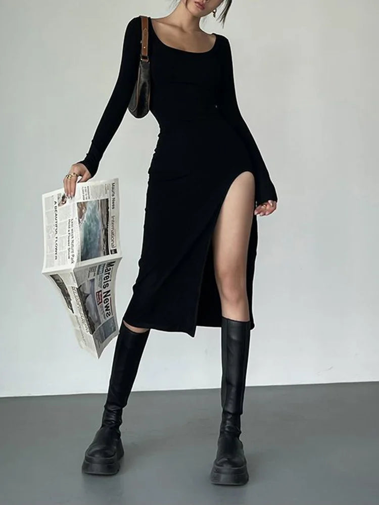 Women's Ribbed Bodycon Midi Dress - Long Sleeve Square Neck
