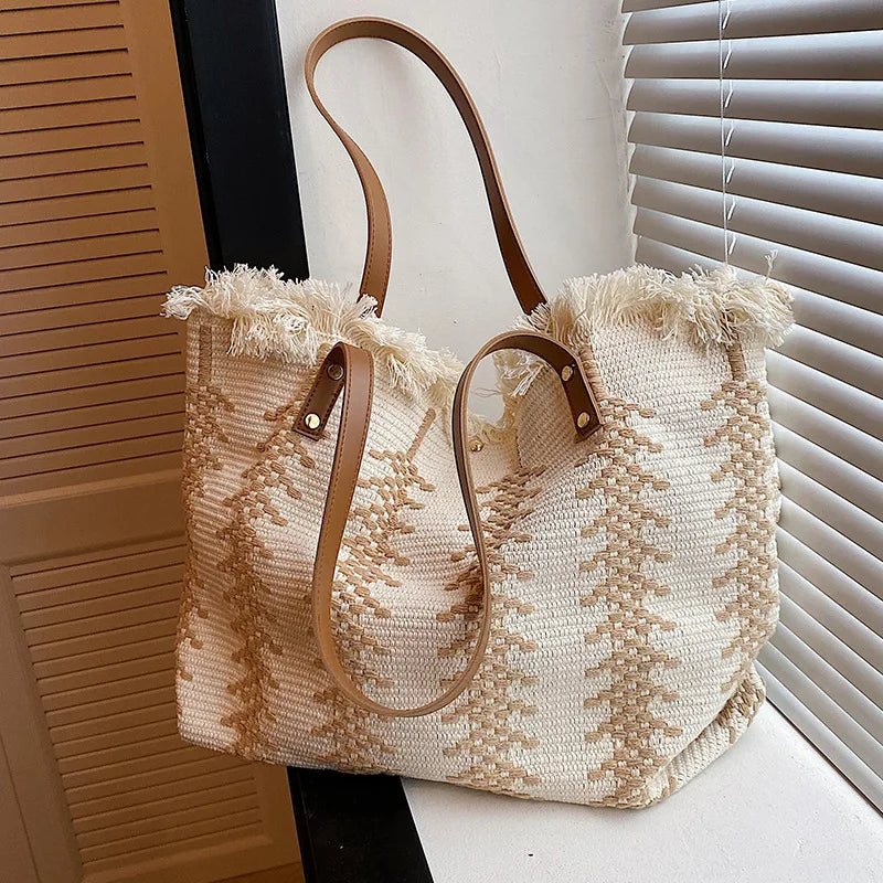 Women's Striped Canvas Tote Bag - Large Beach & Shopping Shoulder Bag