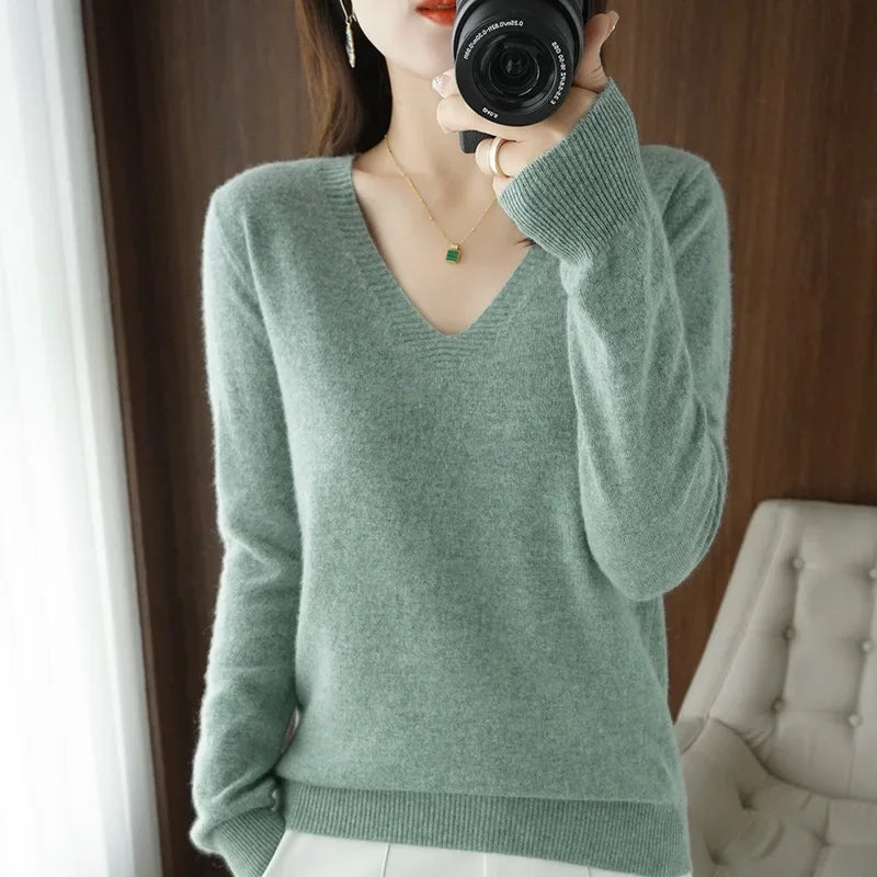 Women's V-Neck Knit Sweater - Slim Fit Pullover
