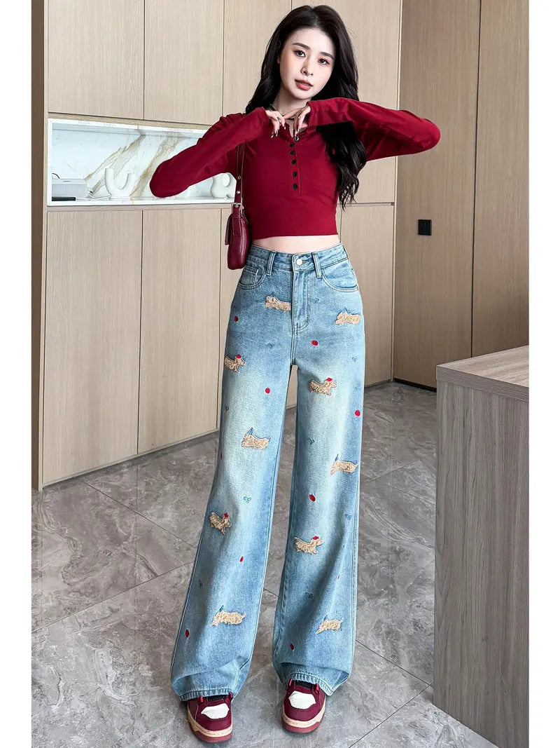Women's Embroidered Loose Fit Denim Jeans
