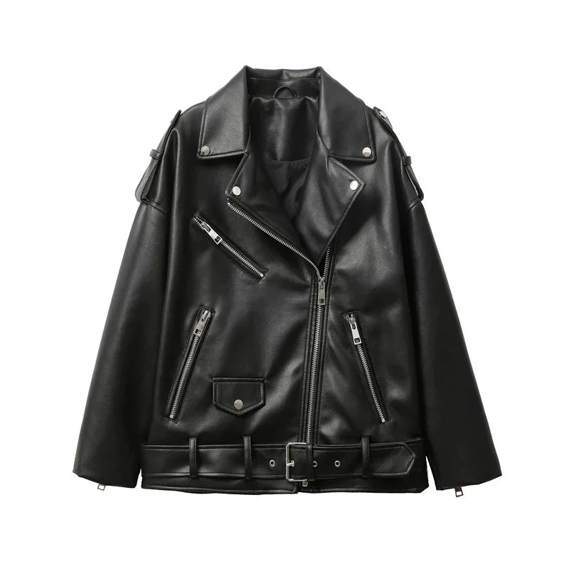 Women's Faux Leather Motorcycle Jacket - Loose Fit Black Biker Jacket