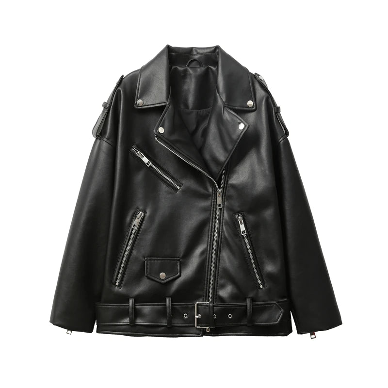 Women's Faux Leather Motorcycle Jacket - Loose Fit Black Biker Jacket