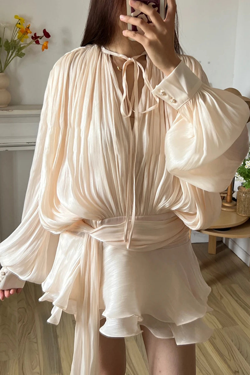 Women's V-Neck Long Sleeve Mini Dress with Lace-Up Detail