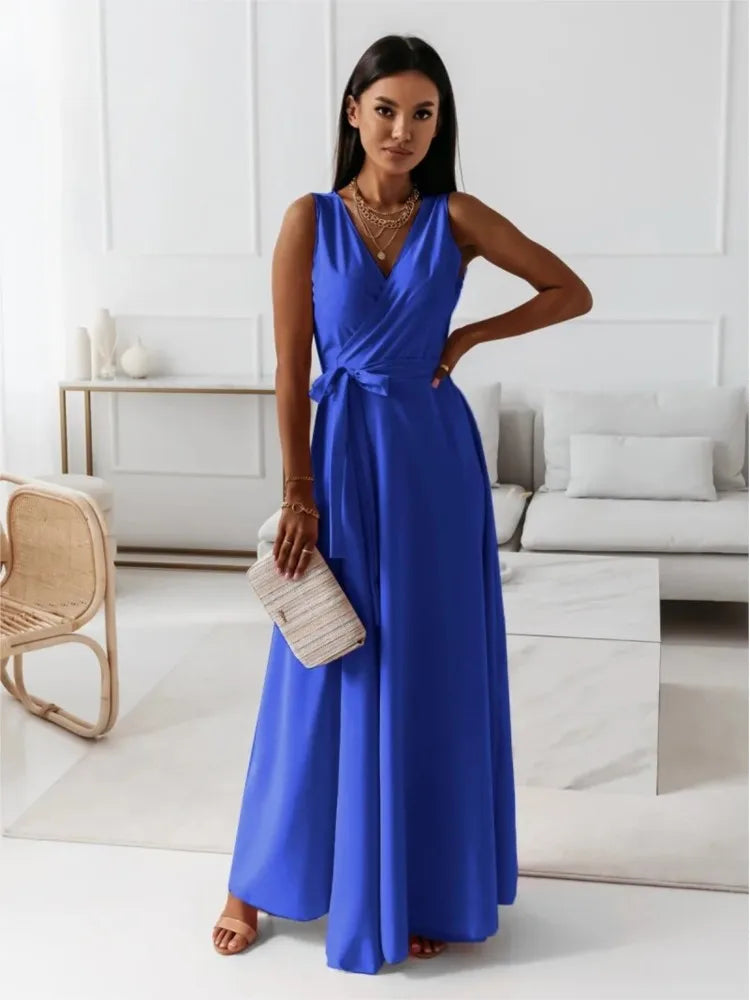 Women's V-Neck Sleeveless Maxi Dress - Elegant A-Line Party Dress