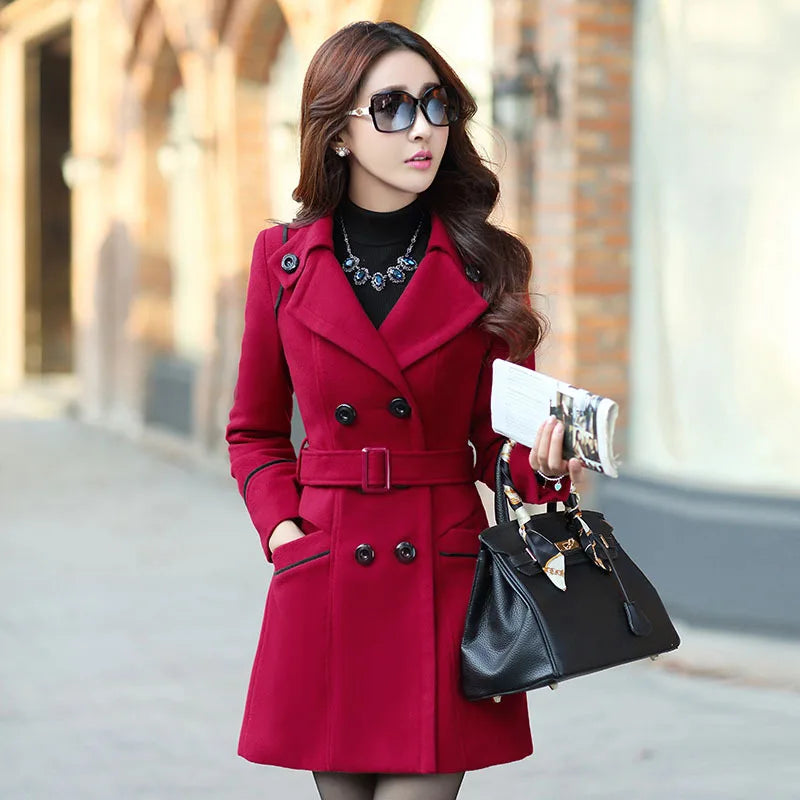 Women's Double-Breasted Wool Blend Coat with Belt