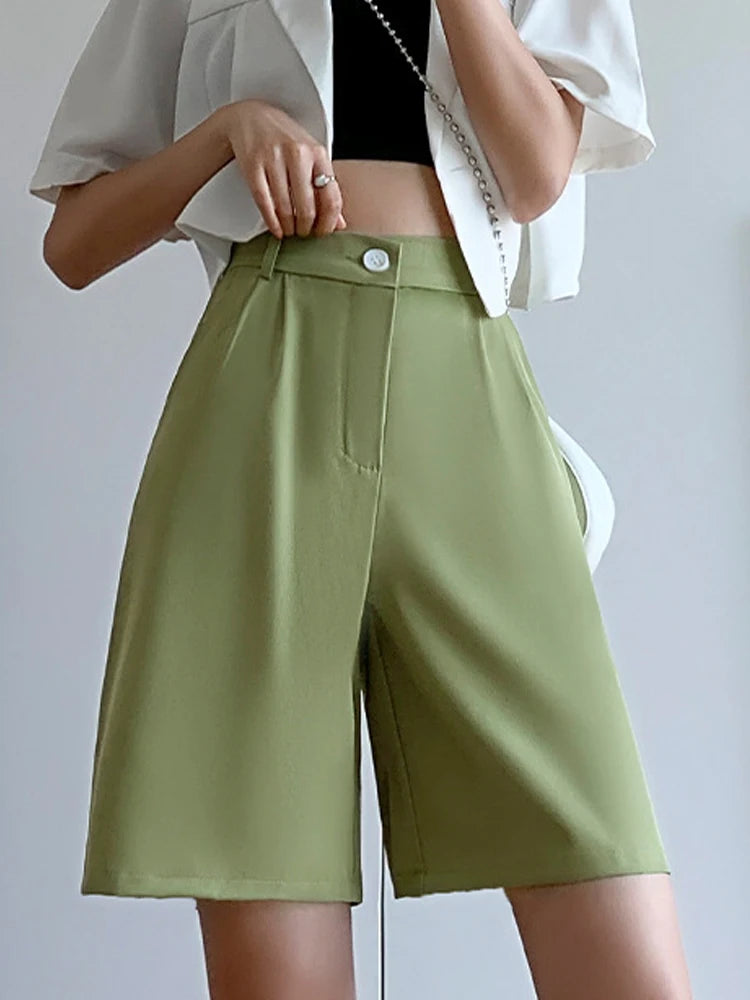 High Waist Wide Leg Shorts - Women's Tailored Bermuda Shorts