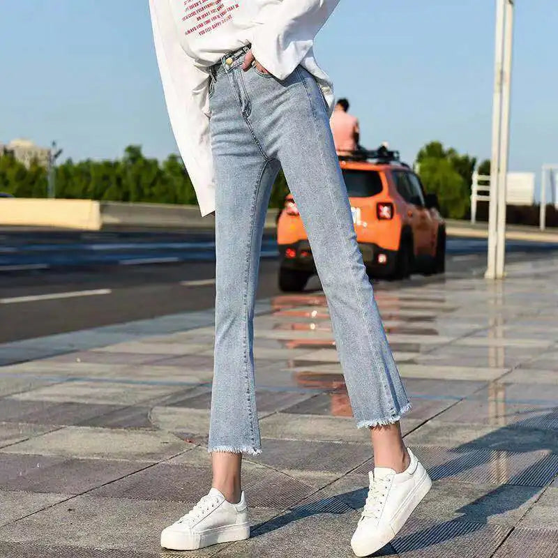 Women's High-Waist Flare Jeans - Slim Fit Ankle-Length Denim Pants