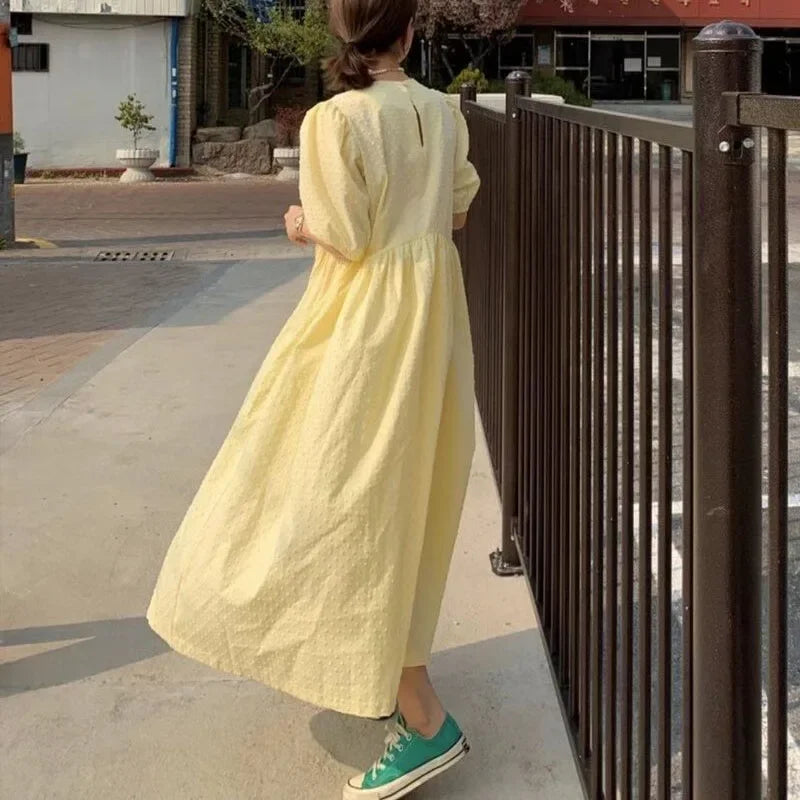Women's Polka Dot Midi Dress - Elegant Puff Sleeve A-Line Summer Dress