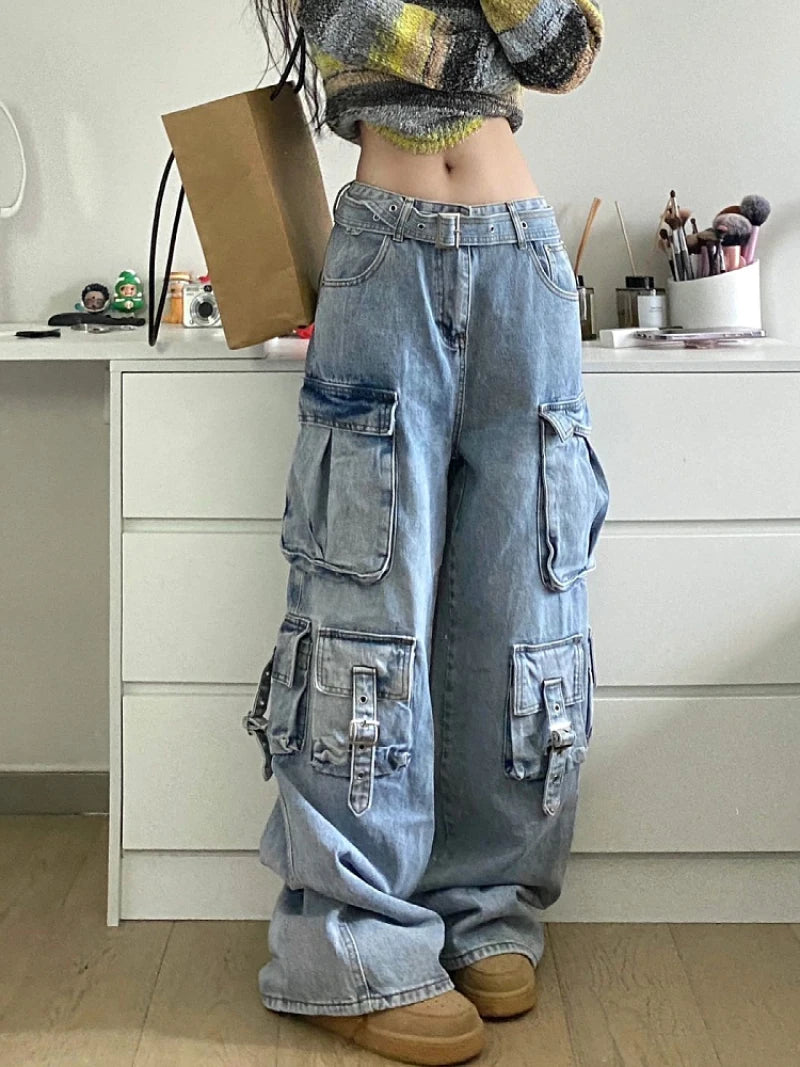 Women's High-Waisted Cargo Jeans - Streetwear Wide Leg Denim Pants