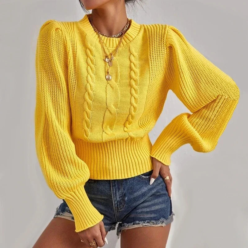 Women's Solid Color Knitted Pullover Sweater with Lantern Sleeves