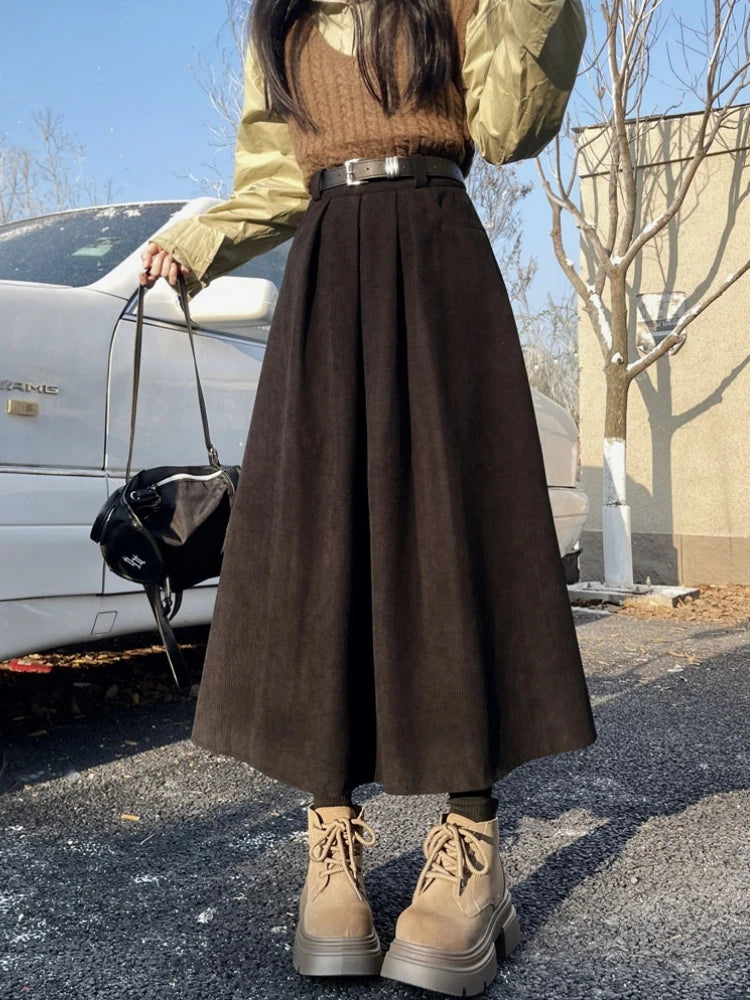 Vintage Corduroy Pleated Midi Skirt with Belt