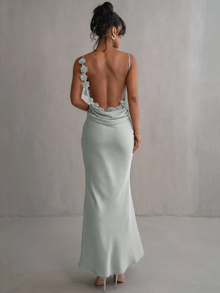 Floral Draped Backless Maxi Dress - Elegant Spaghetti Strap Evening Gown