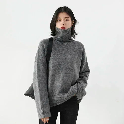 Women's Turtleneck Sweater - Loose Fit Pullover Knitwear