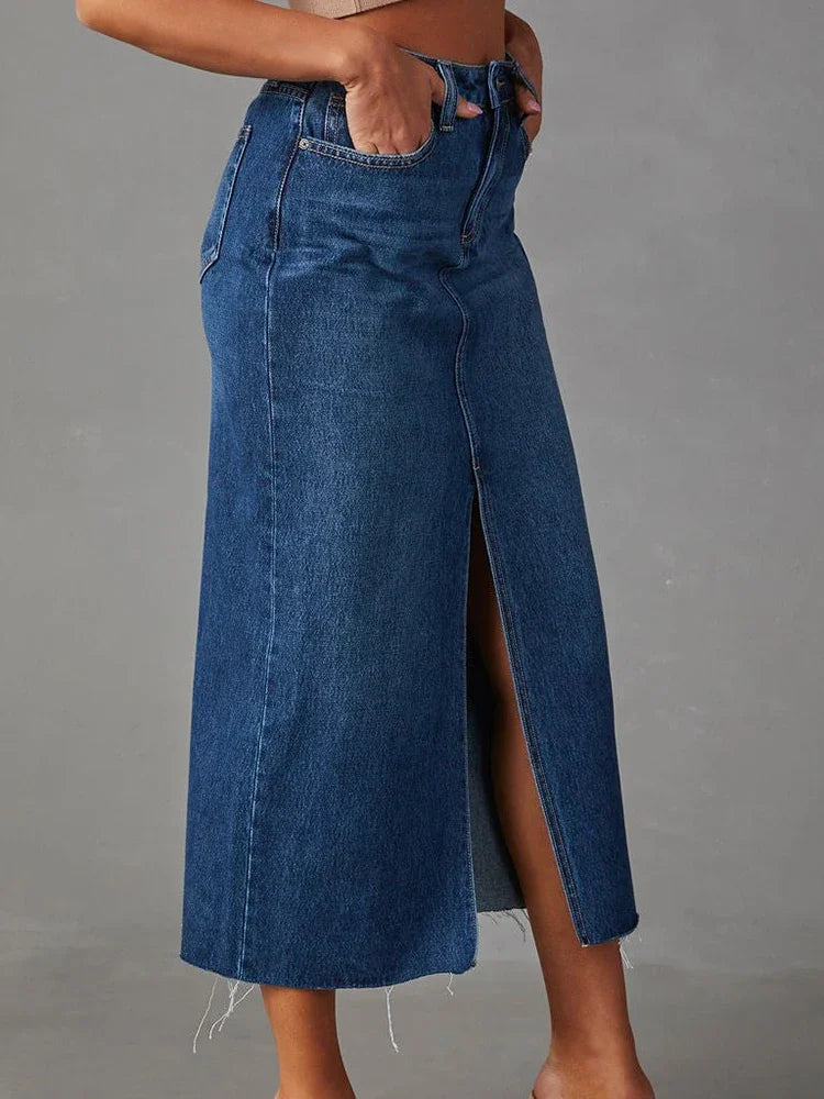 Washed Denim A-Line Midi Skirt - High Waist Vintage Style