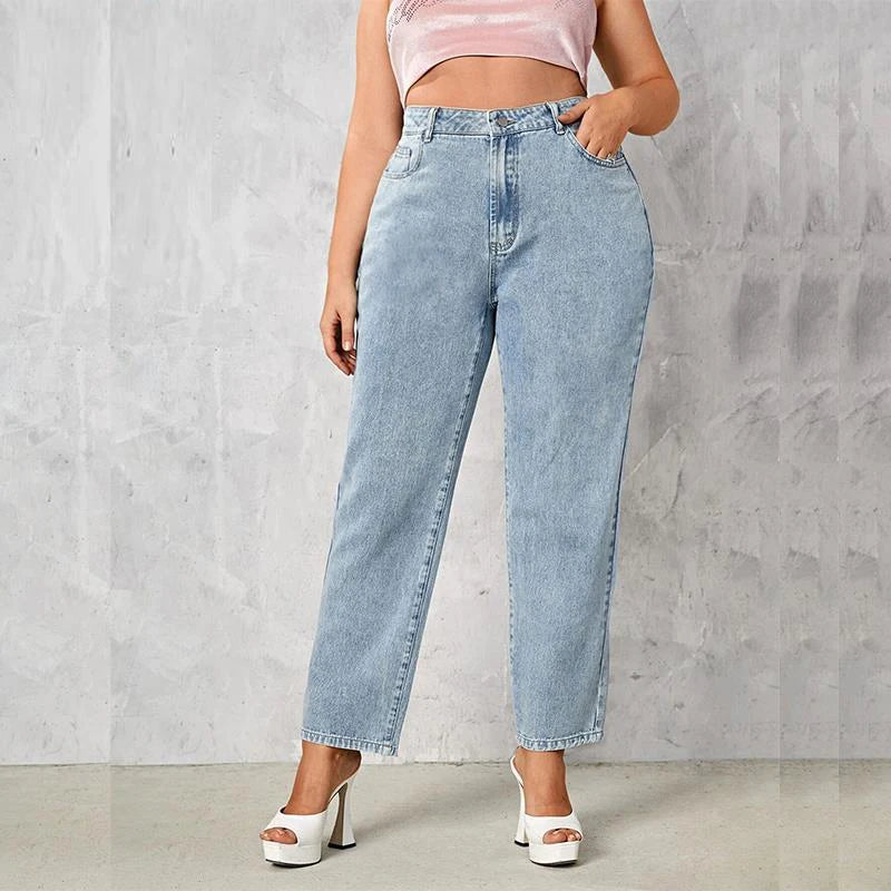 Women's High-Waisted Straight Leg Jeans - Plus Size Dark Blue Denim