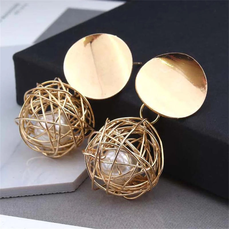Golden Geometric Ball Drop Earrings - Trendy Wire Design