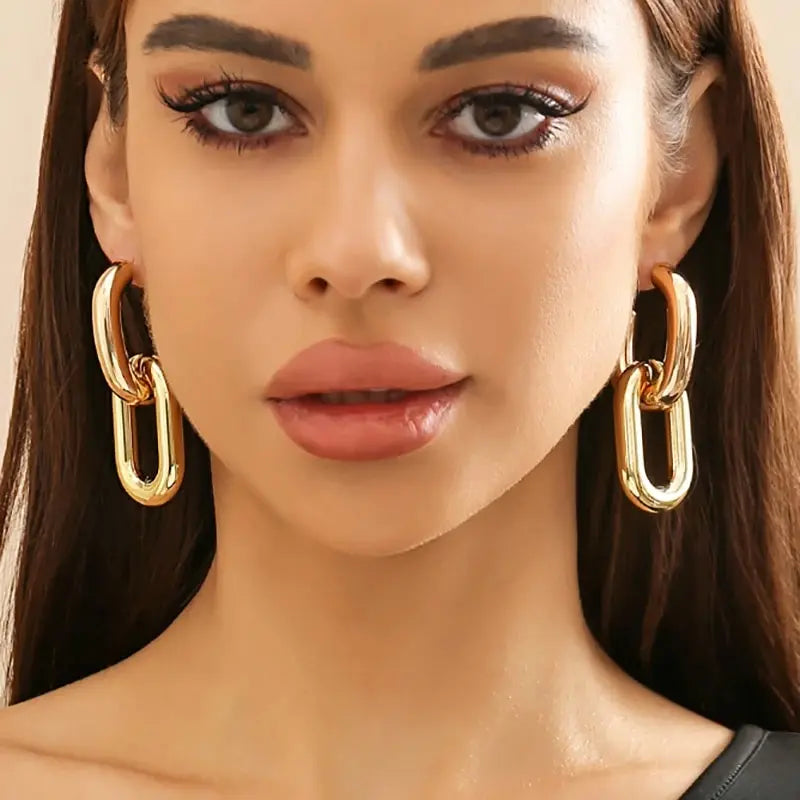 Geometric U-Shape Link Hoop Earrings - Vintage Metal Circle Design