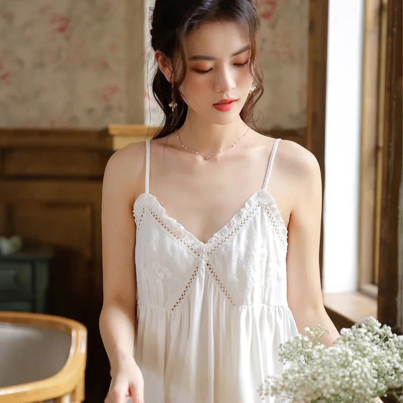 Embroidered Lace Cotton Nightdress - Elegant Sleepwear